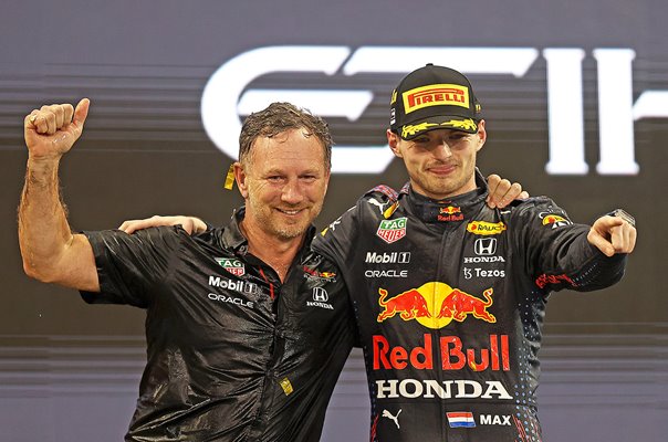 Christian Horner & Max Verstappen Red Bull celebrate World Title 2021  