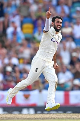 Saqib Mahmood England celebrates v West Indies Barbados Test 2022