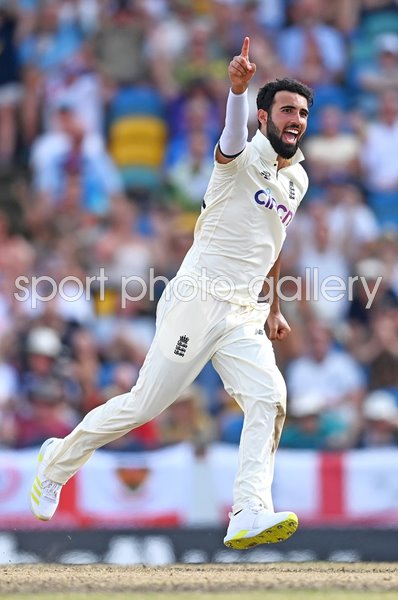 Saqib Mahmood England celebrates v West Indies Barbados Test 2022