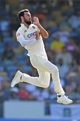 Saqib Mahmood England bowls v West Indies Barbados Test 2022