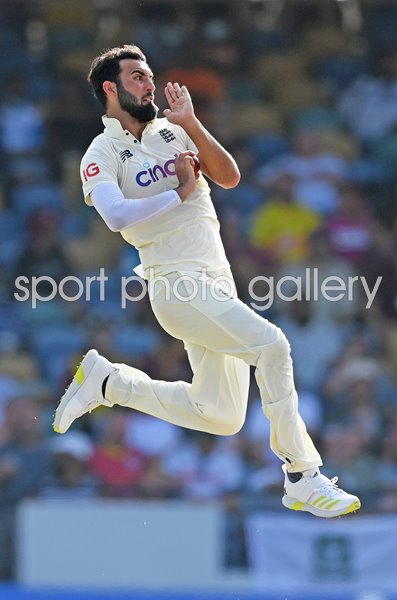 Saqib Mahmood England bowls v West Indies Barbados Test 2022