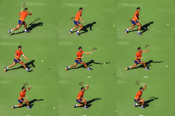 Rafael Nadal Running Forehand 9 frame multi image collage Indian Wells 2022