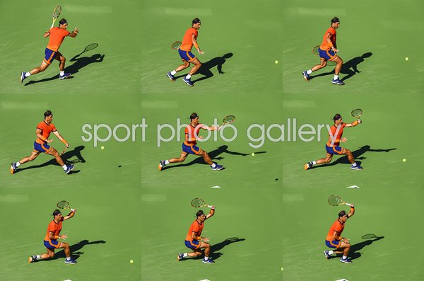 Rafael Nadal Running Forehand 9 frame multi image collage Indian Wells 2022
