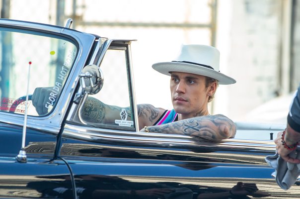 Justin Bieber vintage Cadillac car while filming in Miami 2020