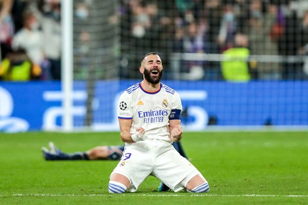 Karim Benzema Real Madrid celebrates win v PSG Champions League 2022