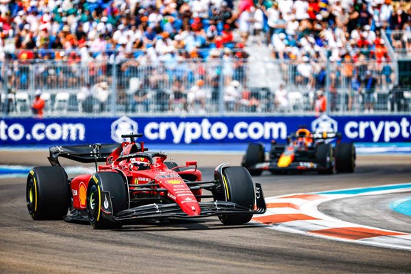 Charles Leclerc Ferrari leads Max Verstappen Miami Grand Prix 2022