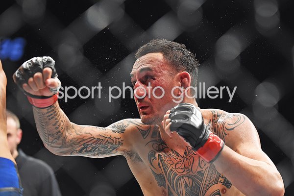Max Holloway punches Dustin Poirier UFC 236 Atlanta 2019