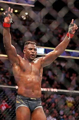 Francis Ngannou Cameroon celebrates v Ciryl Gane France Anaheim 2022