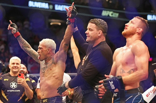 Charles Oliveira Brazil celebrates v Justin Gaethje UFC 274