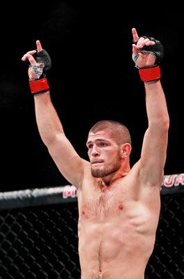 Khabib Nurmagomedov celebrates v Michael Johnson UFC 205 New York 2016