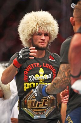 Khabib Nurmagomedov celebrates v Dustin Poirier UFC 242 Abu Dhabi 2019