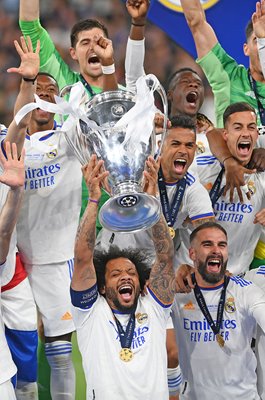 Marcelo Real Madrid lifts Champions League Trophy Paris 2022