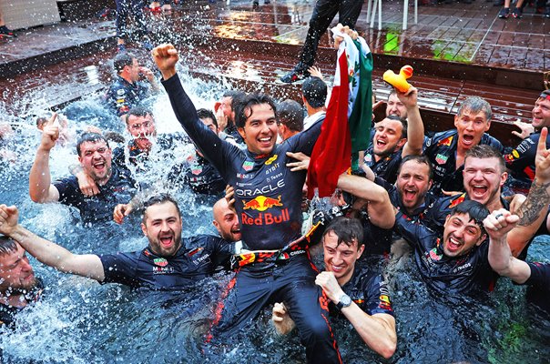 Sergio Perez Mexico celebrates Monaco F1 Grand Prix win 2022