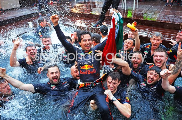 Sergio Perez Mexico celebrates Monaco F1 Grand Prix win 2022