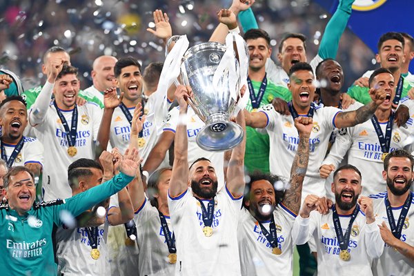 Karim Benzema Real Madrid lifts Champions League Trophy 2022