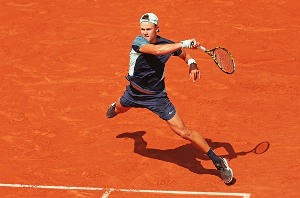 Holger Rune Denmark power forehand v Stefanos Tsitsipas French Open 2022