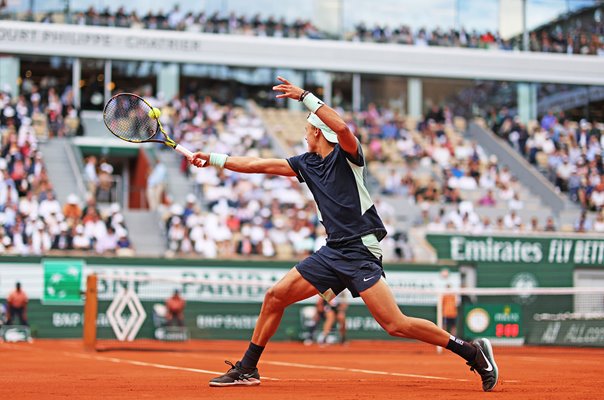 Holger Rune Denmark backhand v Stefanos Tsitsipas French Open 2022