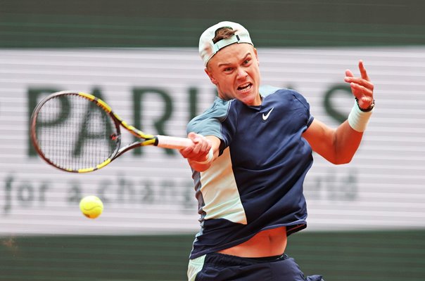 Holger Rune Denmark forehand v Stefanos Tsitsipas French Open 2022