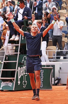 Holger Rune Denmark celebrates v Stefanos Tsitsipas French Open 2022