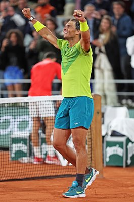 Rafael Nadal Spain celebrates victory v Novak Djokovic French Open 2022