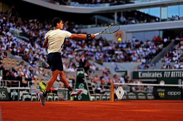 Carlos Alcaraz Spain plays a forehand French Open Paris 2022