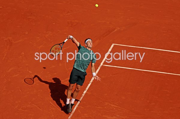Casper Ruud Norway serves v Rafael Nadal French Open Final 2022