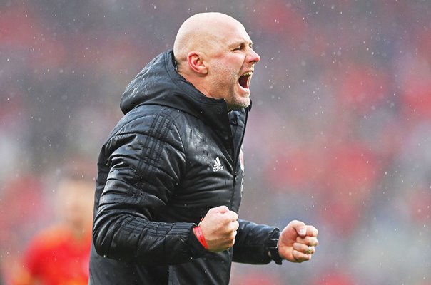 Rob Page Wales Head Coach celebrates World Cup Qualification Cardiff 2022