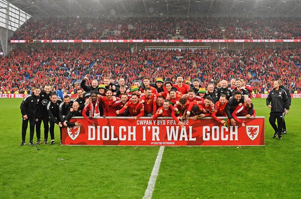 Wales celebrate World Cup Qualifier win v Ukraine Cardiff 2022