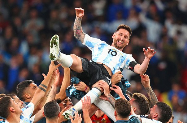 Lionel Messi Argentina celebrates v Italy Finalissima Wembley 2022