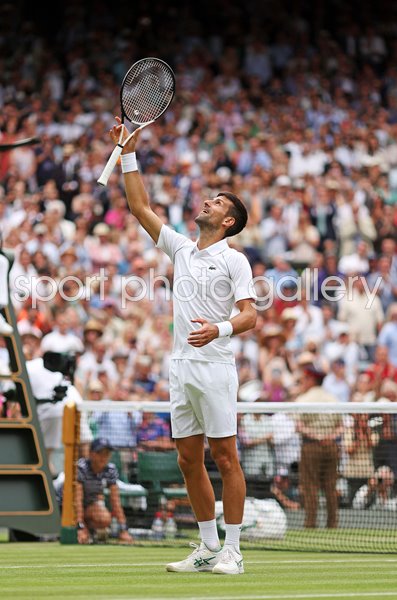 Novak Djokovic Serbia celebrates v Jannik Sinner Wimbledon 2022