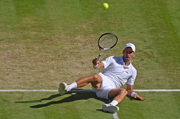 Novak Djokovic seated forehand Semi Final Wimbledon 2022