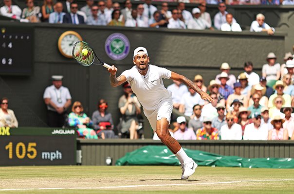 Nick Kyrgios running forehand v Novak Djokovic Wimbledon Final 2022