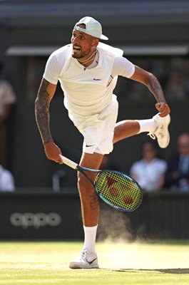 Nick Kyrgios Australia serves v Novak Djokovic Wimbledon 2022