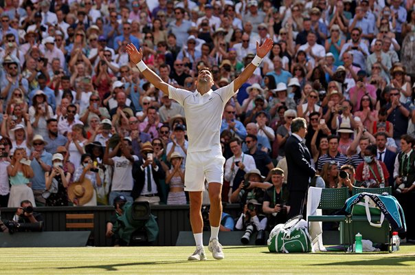 Novak Djokovic Serbia celebrates 21st Grand Slam Wimbledon 2022