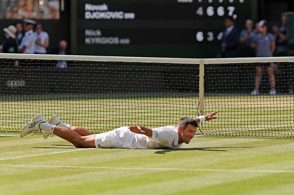 Novak Djokovic Serbia celebrates winning match point Wimbledon 2022