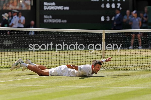 Novak Djokovic Serbia celebrates winning match point Wimbledon 2022