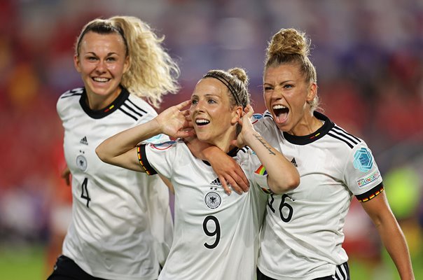 Svenja Huth celebrates with Lena Lattwein Germany v Denmark Women's EURO 2022