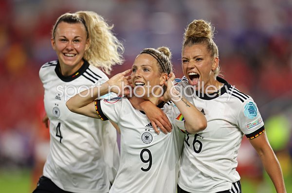 Svenja Huth celebrates with Lena Lattwein Germany v Denmark Women's EURO 2022