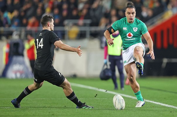 James Lowe Ireland kicks past Will Jordan New Zealand Wellington 2022  