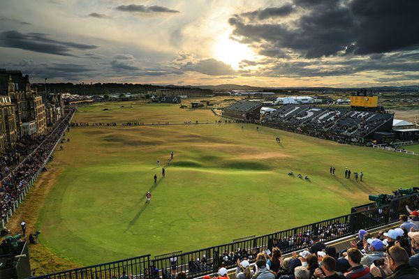 A view down the 18th hole as sun sets on late Open finishers 2022