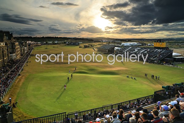 A view down the 18th hole as sun sets on late Open finishers 2022