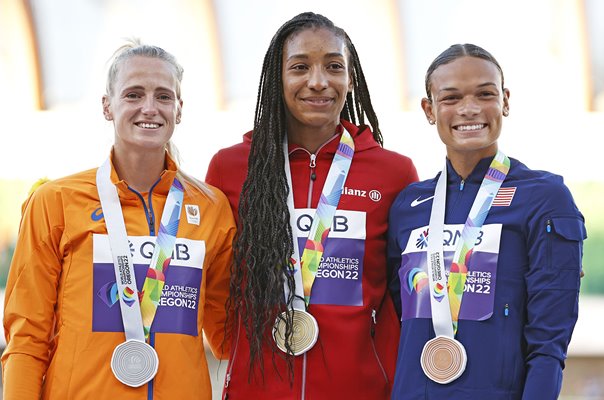 Anouk Vetter, Nafissatou Thiam  Anna Hall World Heptathlon Podium 2022