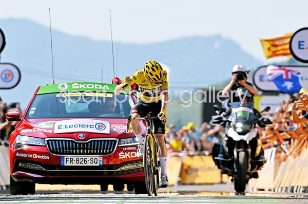 Jonas Vingegaard Denmark crosses finish line Stage 18 Tour de France 2022