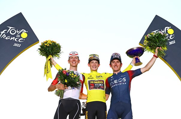 Tadej Pogacar, winner Jonas Vingegaard & Geraint Thomas Stage 21 Tour 2022