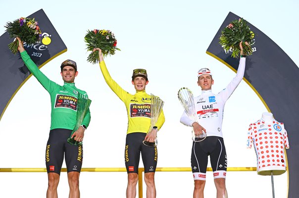 Wout Van Aert, Jonas Vingegaard & Tadej Pogacar Jersey Winners Paris Tour 2022