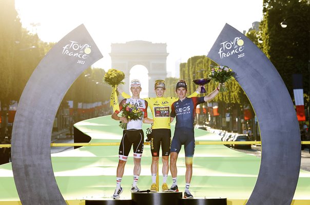 Tadej Pogacar, Jonas Vingegaard & Geraint Thomas Paris Podium Tour 2022