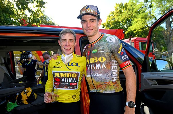 Jonas Vingegaard & Wout Van Aert celebrate after Time Trial Stage 20 Tour 2022