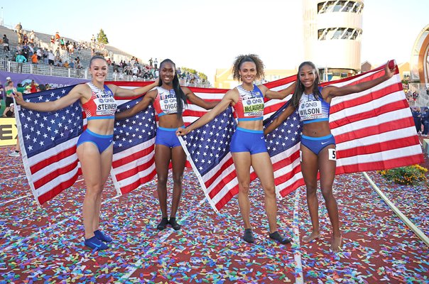 Abby Steiner, Talitha Diggs, Sydney McLaughlin & Britton Wilson USA Relay Gold Oregon 2022  