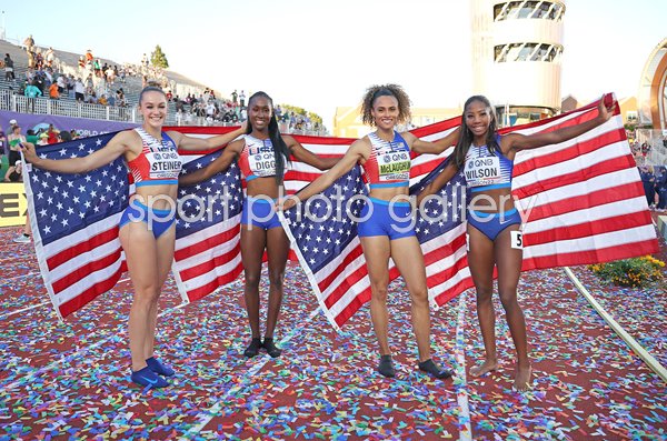 Abby Steiner, Talitha Diggs, Sydney McLaughlin & Britton Wilson USA Relay Gold Oregon 2022  