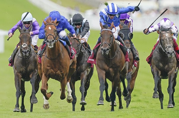 Jim Crowley riding Baaeed win The Qatar Sussex Stakes Goodwood 2022
